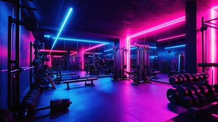 Neon gym interior with fitness equipment