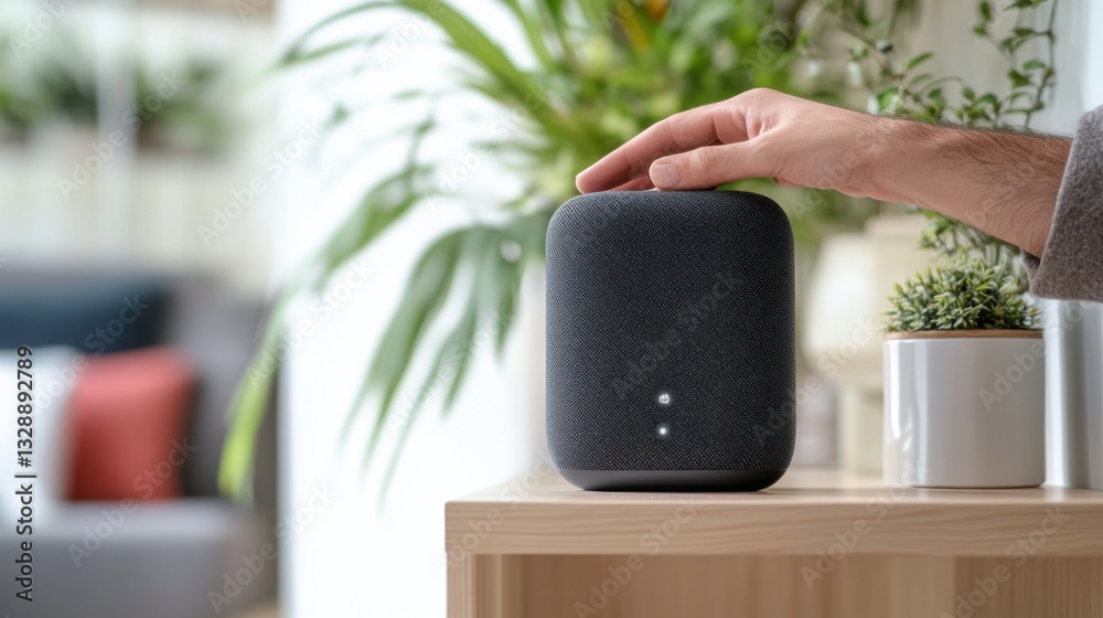 Wall mural a hand placing a smart speaker on a shelf, visible speaker interface and touch controls, clean moder