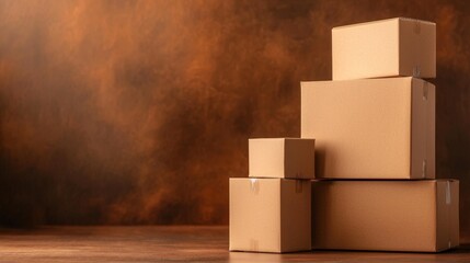 Stacked cardboard boxes in a warm setting with a soft focus background creating a cozy and organized atmosphere for storage or shipping concepts