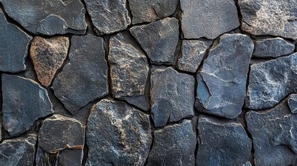 Obraz premium Close-up of a textured natural stone wall's upper half; layers reveal intricate patterns, bathed in soft light casting gentle shadows on its rugged surface