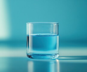 A clear glass filled with blue water, set against a soft, light blue background, creating a serene and refreshing visual.