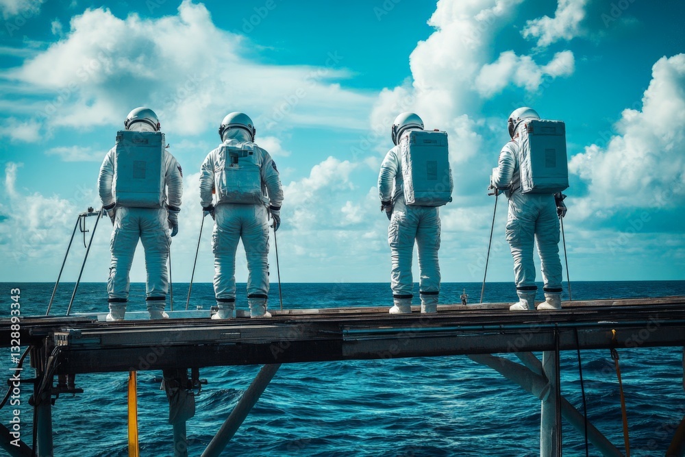 Poster astronauts preparing for an ocean exploration mission from a platform above water during a clear and