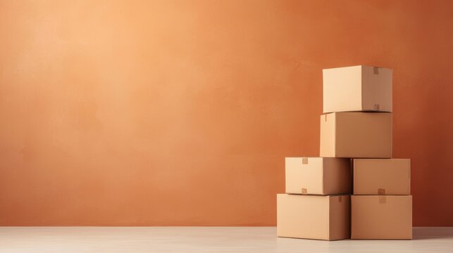 Stacked cardboard boxes on a minimalistic orange wall background, ideal for storage, moving, or organization concepts in modern home decor
