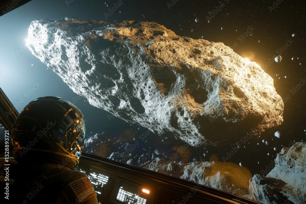 Poster Astronaut observes a large asteroid from the spacecraft during a deep space mission