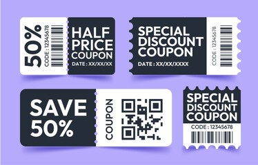 Collection of discount coupons with barcode and QR codes