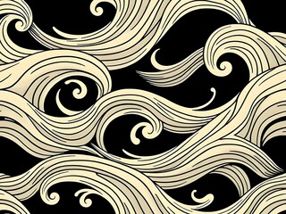 Obraz premium Artistic Abstract Waves Seamless Pattern with Creamy Lines on Black Background. Elegant Design for Texture.