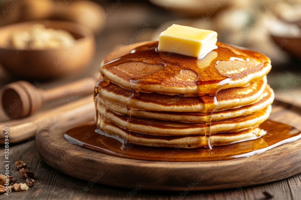 Aufkleber Fluffy pancakes with butter melting on top and syrup drizzling down at a rustic breakfast setting