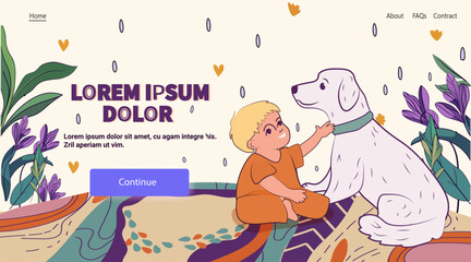Child with dog on colorful rug surrounded by plants and abstract shapes. Warm tones and playful design. Website landing page template