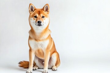 A brown and white dog sits on a white surface, waiting for attention