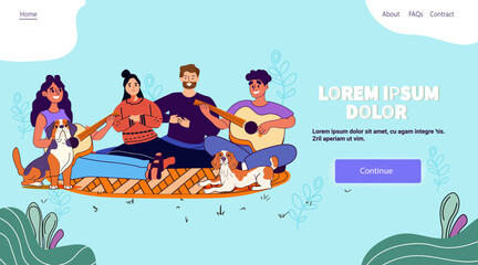 People togetherness unity outdoor picnic music scene. Group sitting on blanket playing guitars with dogs plants around. Blue background website design template