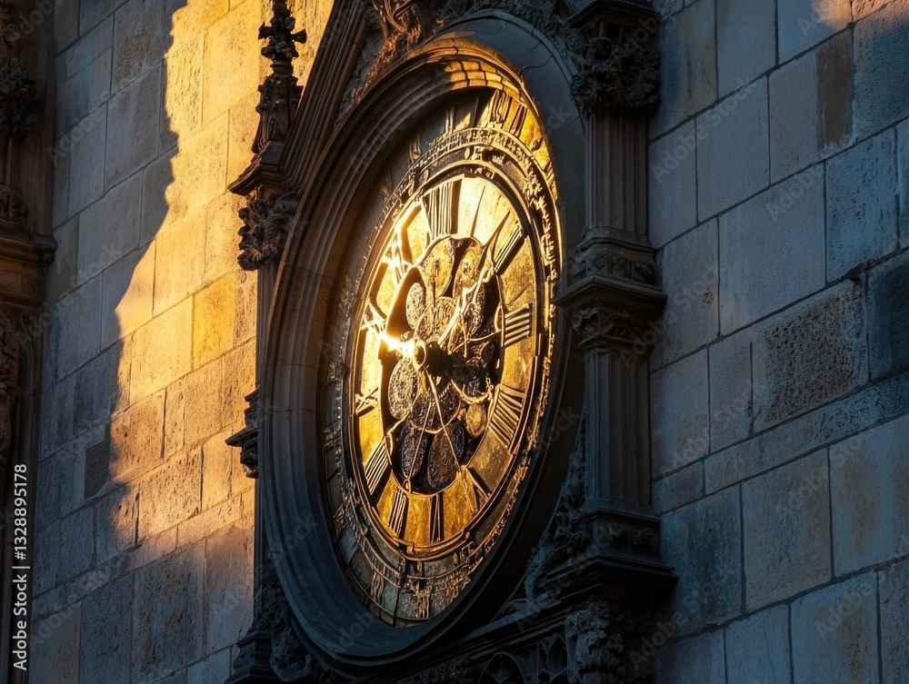 Poster A large clock face is attached to the side of a building, with numbers and hands visible