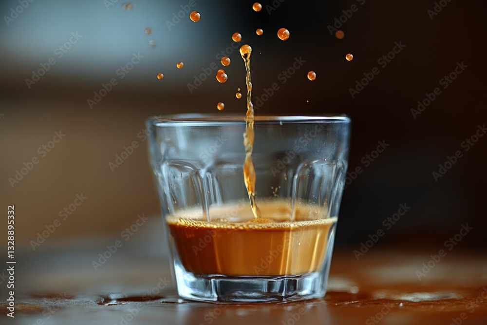 Poster coffee being poured into a glass creates dynamic splash effects in a cozy cafe setting