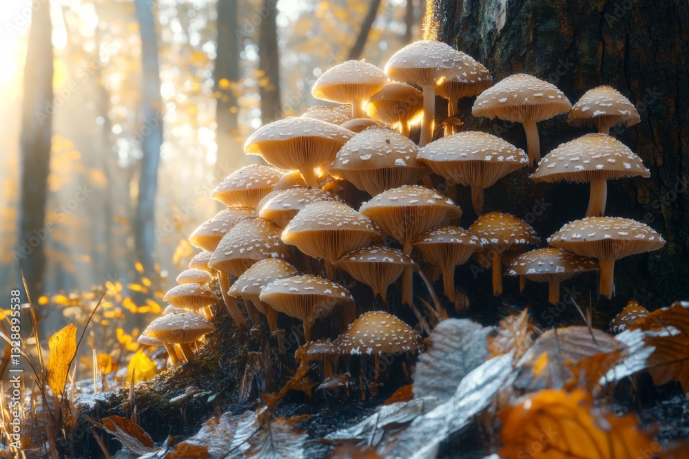 Aufkleber Mushroom cluster illuminated by sunlight in a serene forest setting during autumn