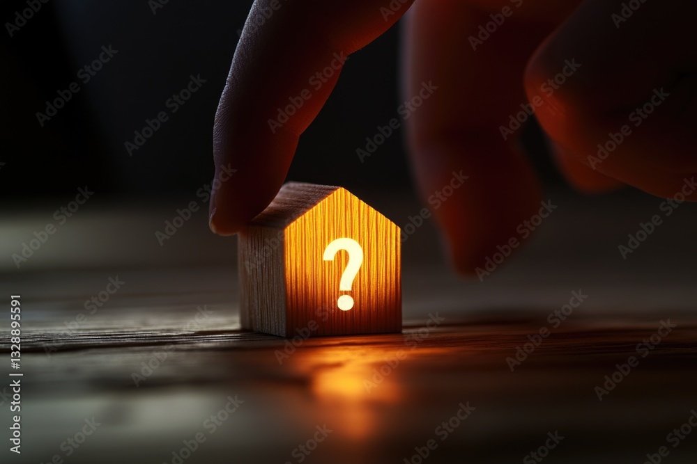 Poster a person holds a wooden block with a question mark, suitable for educational or conceptual use