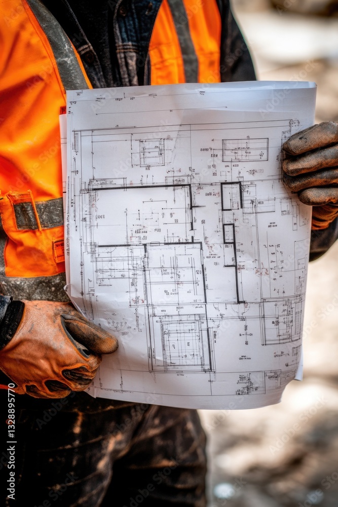 Poster a construction worker holds a blueprint in his hands, ready to plan and execute a new project