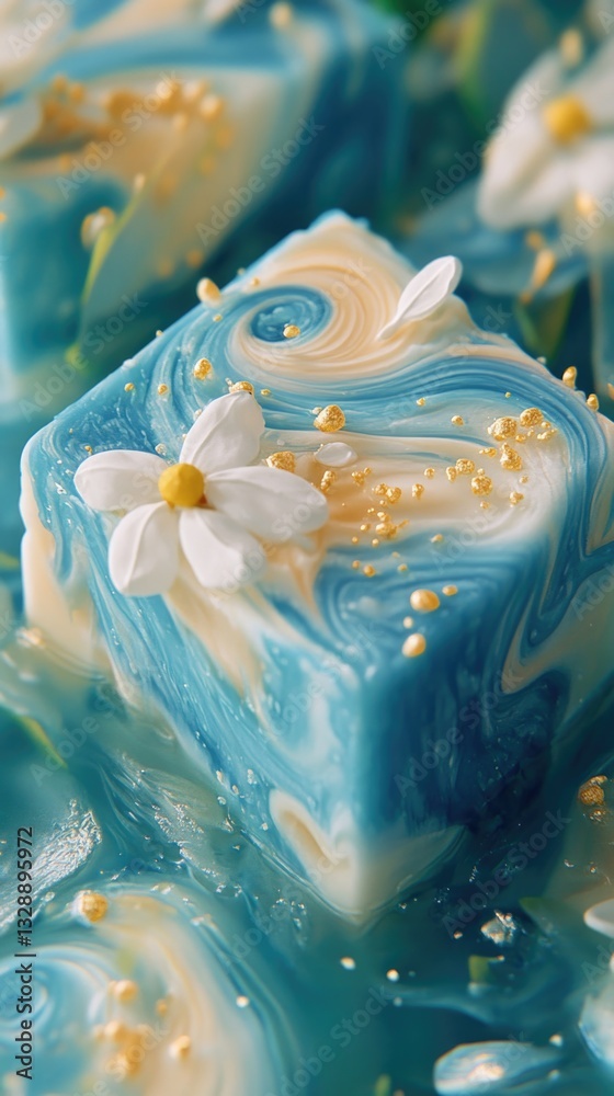 Poster a detailed view of soap with a flower placed on top, perfect for use in advertising or as a decorati