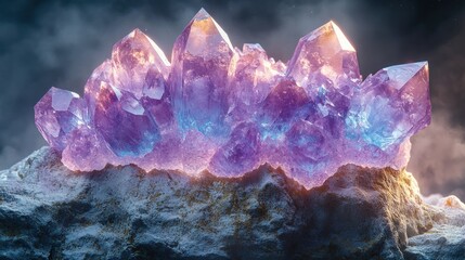 3D Render of Violet Blue Crystals on White Rock Abstract Isolated Clip Art