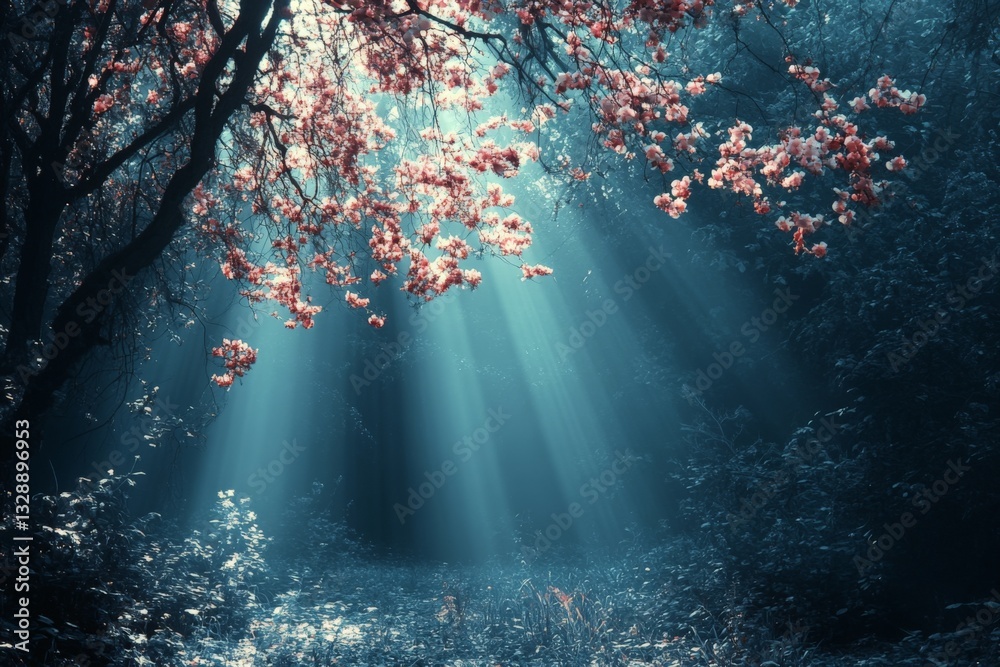 Aufkleber sunlight filters through blooming trees in a serene forest at dawn