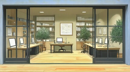 Fototapeta premium A modern office interior with glass elements. This contemporary workspace emphasizes a sleek design. The layout features computers, desks, and glass architecture, suitable for a professional