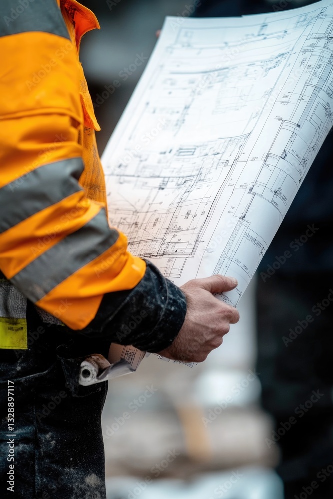 Poster a construction worker holds a blueprint in his hands, ready to plan the next phase of the project