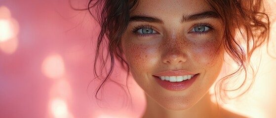 Obraz premium Radiant Smiling Woman with Natural Makeup and White Smile Against Pink Background
