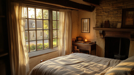 Cozy Cotswolds Hotel Room with a Charming Window View of a Stone Cottage