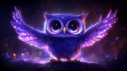 Obraz premium Cute purple owl with glowing wings.