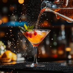 Colorful cocktail in a glass with lime and splash at the bar
