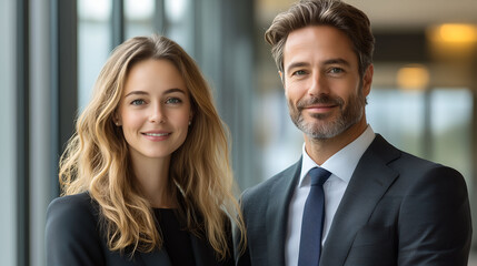 Portrait of a confident business team with a young businesswoman smiling in an office setting, showcasing teamwork and professionalism