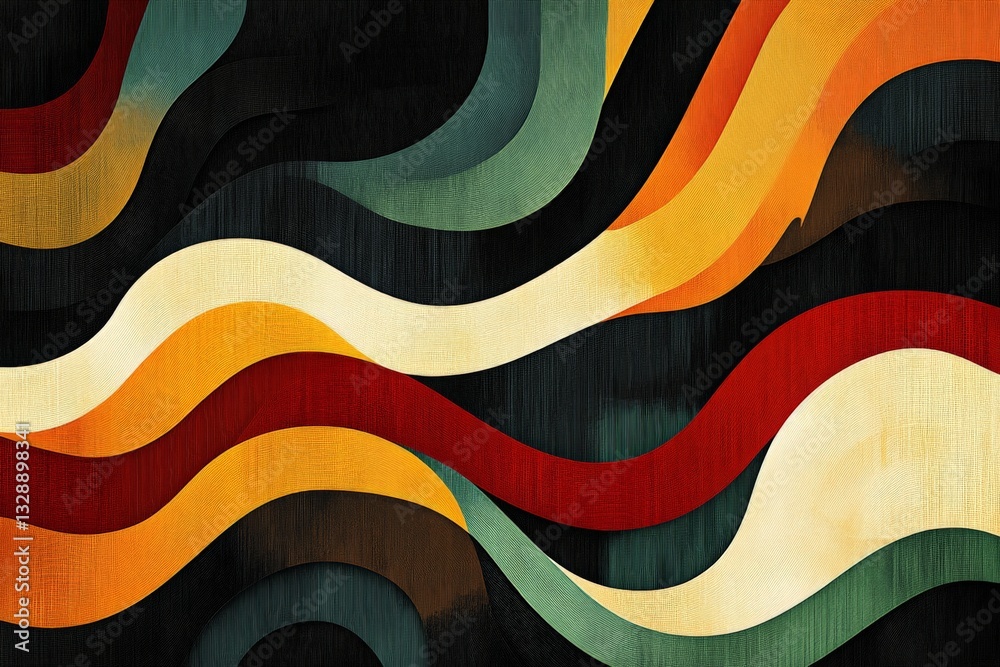 Poster Colorful abstract wavy pattern with warm tones and dark background enhancing the dynamic flow of design
