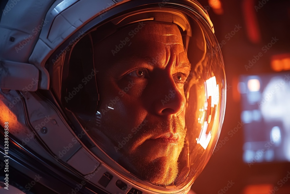 Poster astronaut focused on mission inside spaceship during a critical moment in deep space exploration