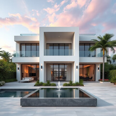 Modern luxury villa exterior with big swimming pool