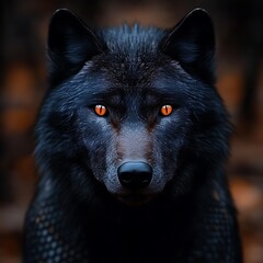 Black Wolf Stares in Woods, Dark Background