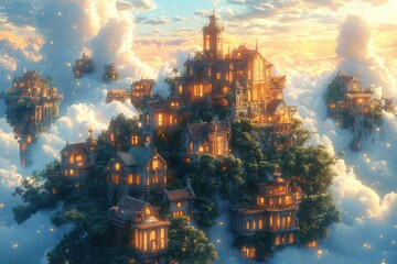 Fantasy Floating Islands with Whimsical Architecture Cloud Village Scenic Landscape Illustration