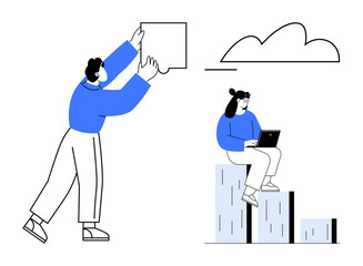 Two individuals working together, one arranging a puzzle and another using a laptop on ascending blocks. Ideal for teamwork, creativity, productivity, problem-solving, technology, innovation, growth