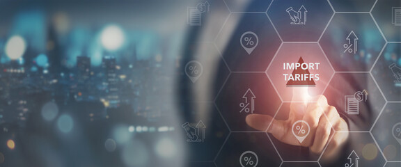 Import tariffs increasing, global trade concept. Interacting with a digital interface displaying...