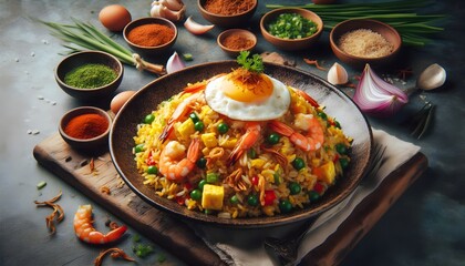 Authentic Indonesian Nasi Goreng, aromatic fried rice with shrimp, egg, and crispy shallots, vibrant and flavorful.