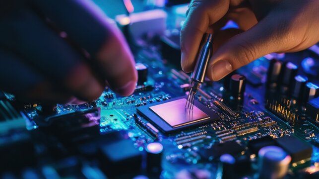 A person assembling a quantum computer processor unit into a quantum motherboard, visible superconducting chip and cooling systems, clean high-tech lab background