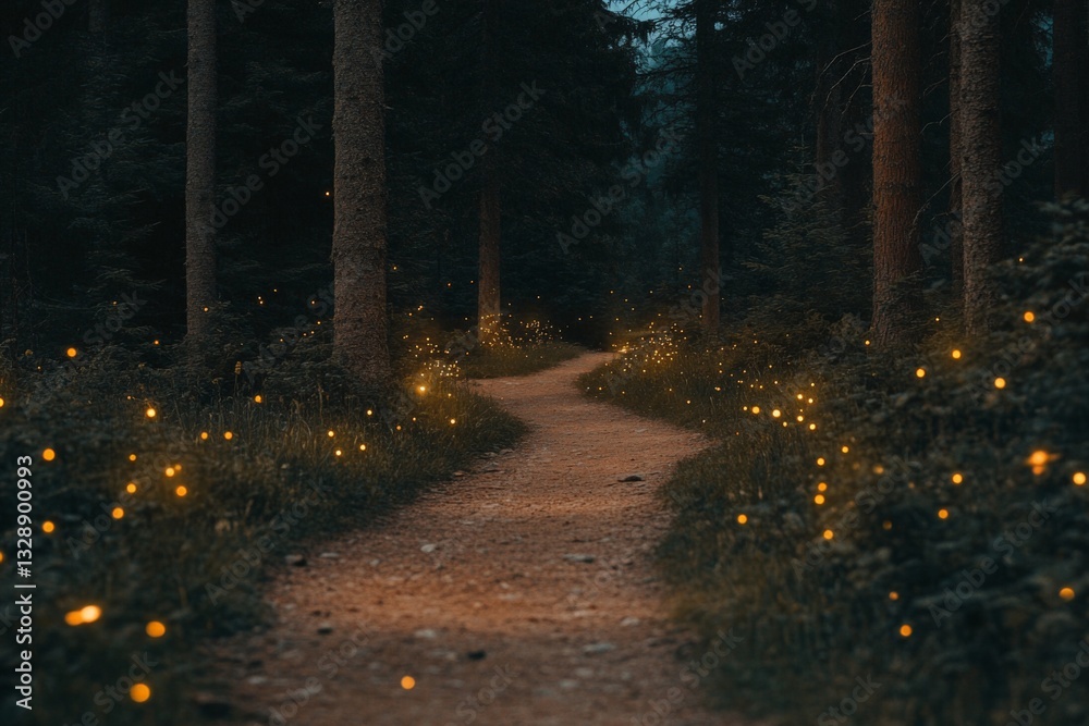 Poster twinkling fireflies illuminate a winding path through a tranquil forest at dusk