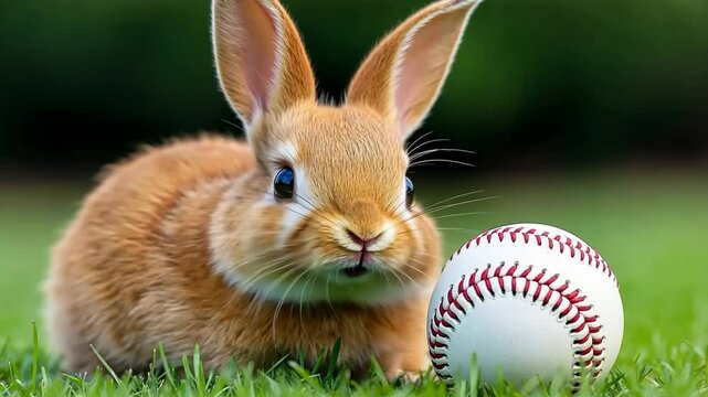 Rabbit is sitting on the grass next to a baseball. The rabbit is looking at the ball with curiosity