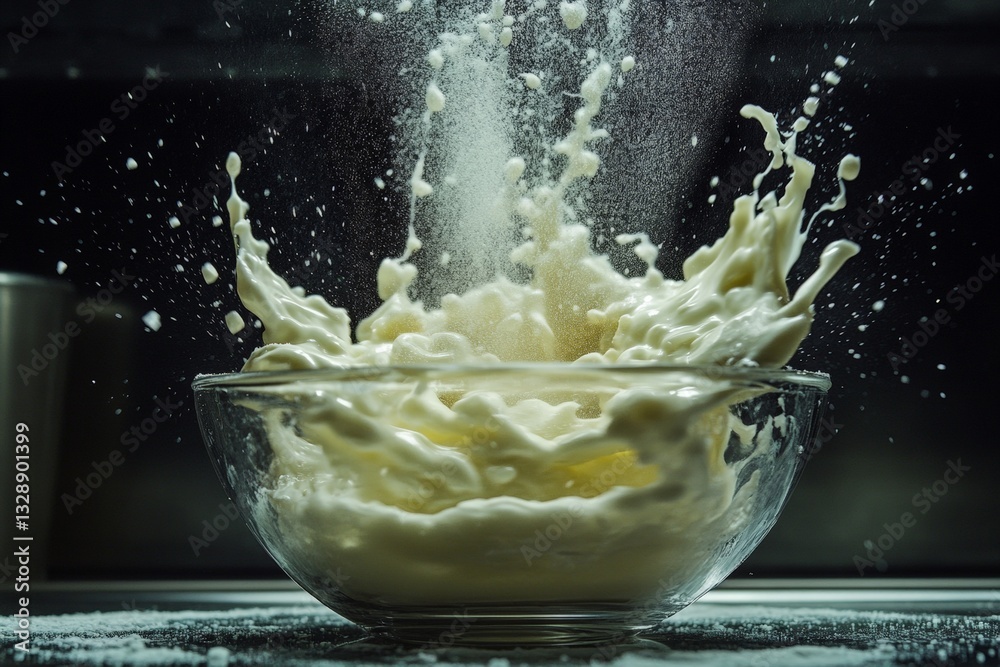 Poster milk and flour mixture splashes in clear bowl creating a dynamic scene in kitchen during food prepar
