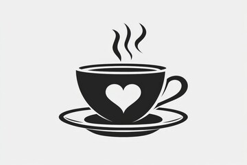 Obraz premium Elegant black coffee cup with heart design and steam on a white background