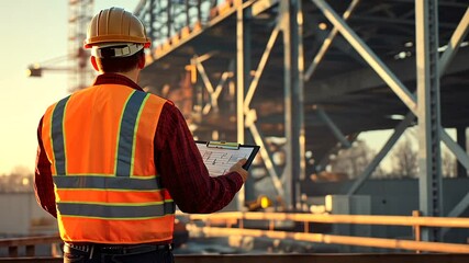 Construction worker in safety gear inspecting bridge structure at sunset with plans