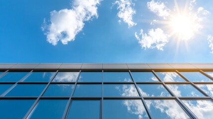 Modern building facade with reflective windows against a partly cloudy sky
