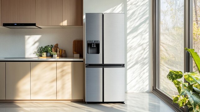 Modern refrigerator illuminating contemporary kitchen with sunlight