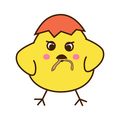 Cute little chicken with earthworm cartoon character isolated on white background. Vector art illustration in flat style. A separate element for your design.