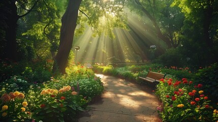 Fototapeta premium Serene garden pathway illuminated by sunlight with vibrant flowers and tranquil seating area
