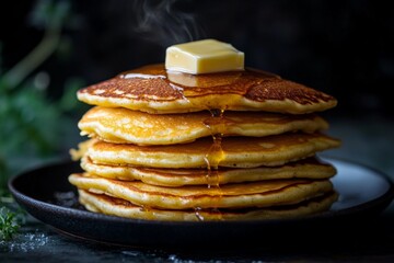 Hot stack of pancakes drizzled with syrup and topped with butter for a delicious breakfast treat