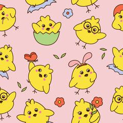 Seamless pattern with cute little chickens  on pink background.