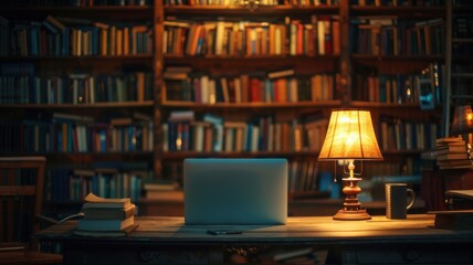 Cozy Workspace in a Book-Laden Library